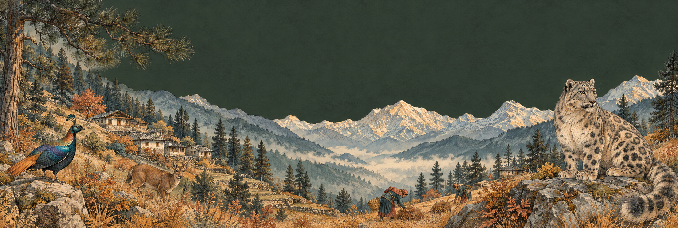 Illustrated Himalayan mountains, homes, wildlife and pine trees
